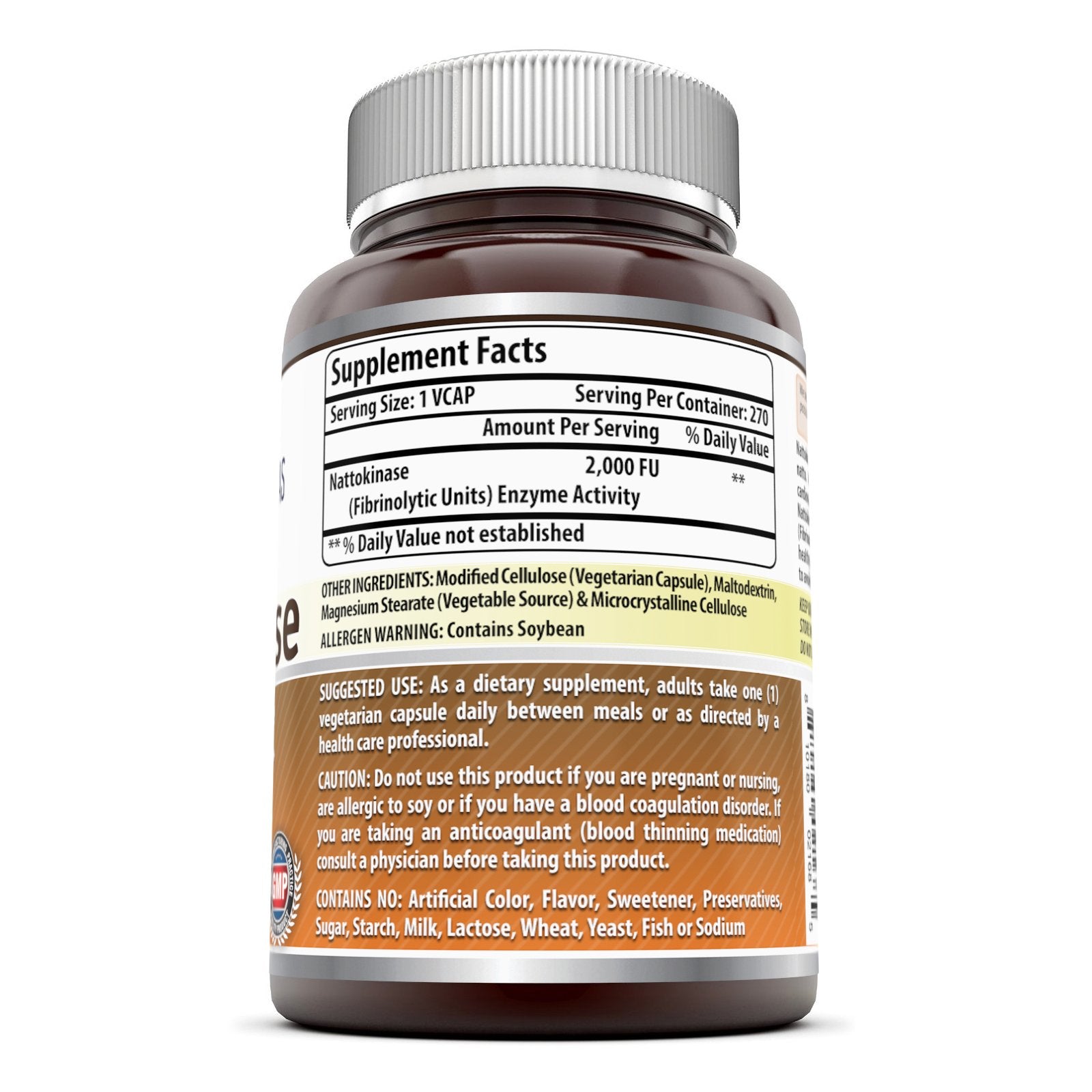Nattokinase 100 mg veggie capsules label showing 270 count
