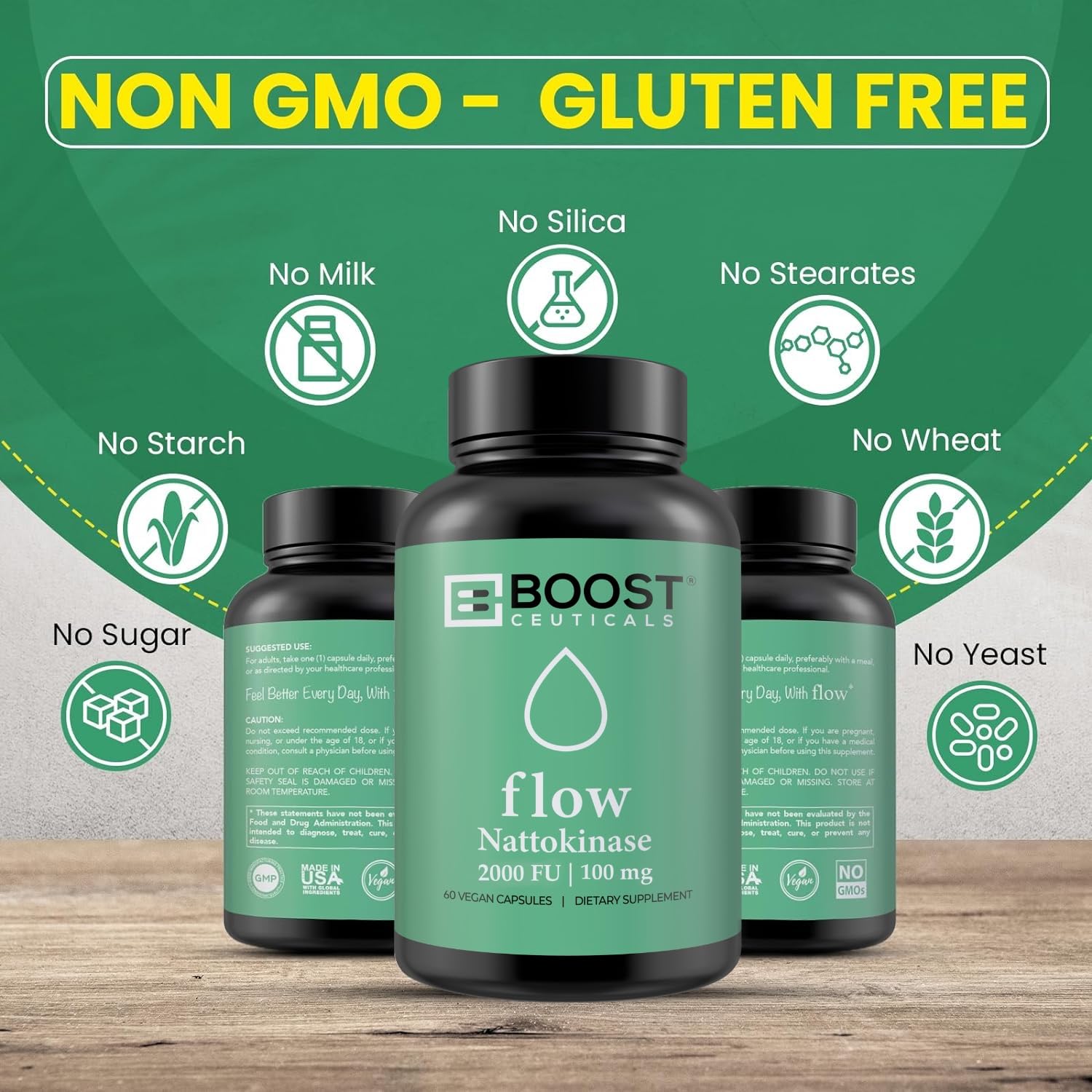 Gluten-free and non-GMO certification on Nattokinase packaging