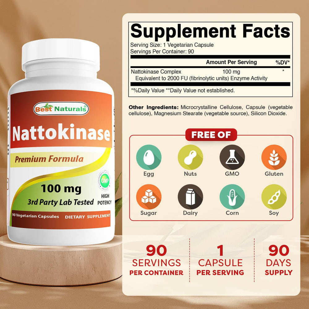 Close-up of nattokinase capsule showing 100 mg potency