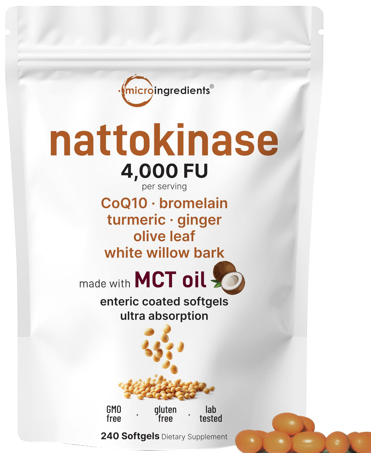 Nattokinase 4000 FU 240-softgel bottle with MCT oil and enteric coating
