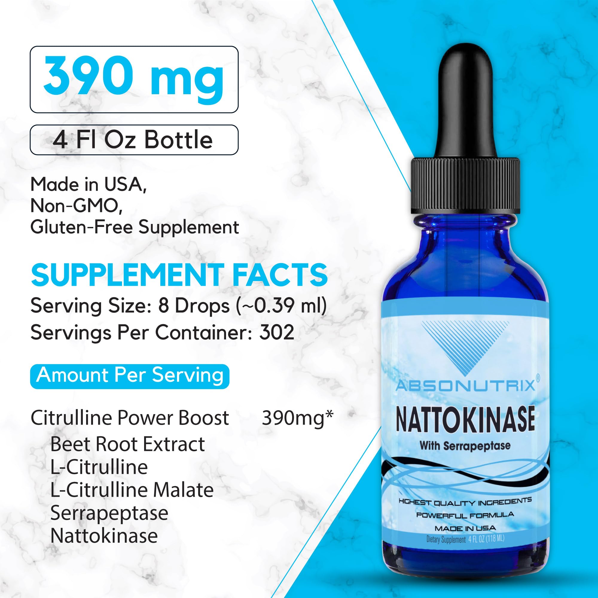 Liquid drops bottle showing 390 mg potency