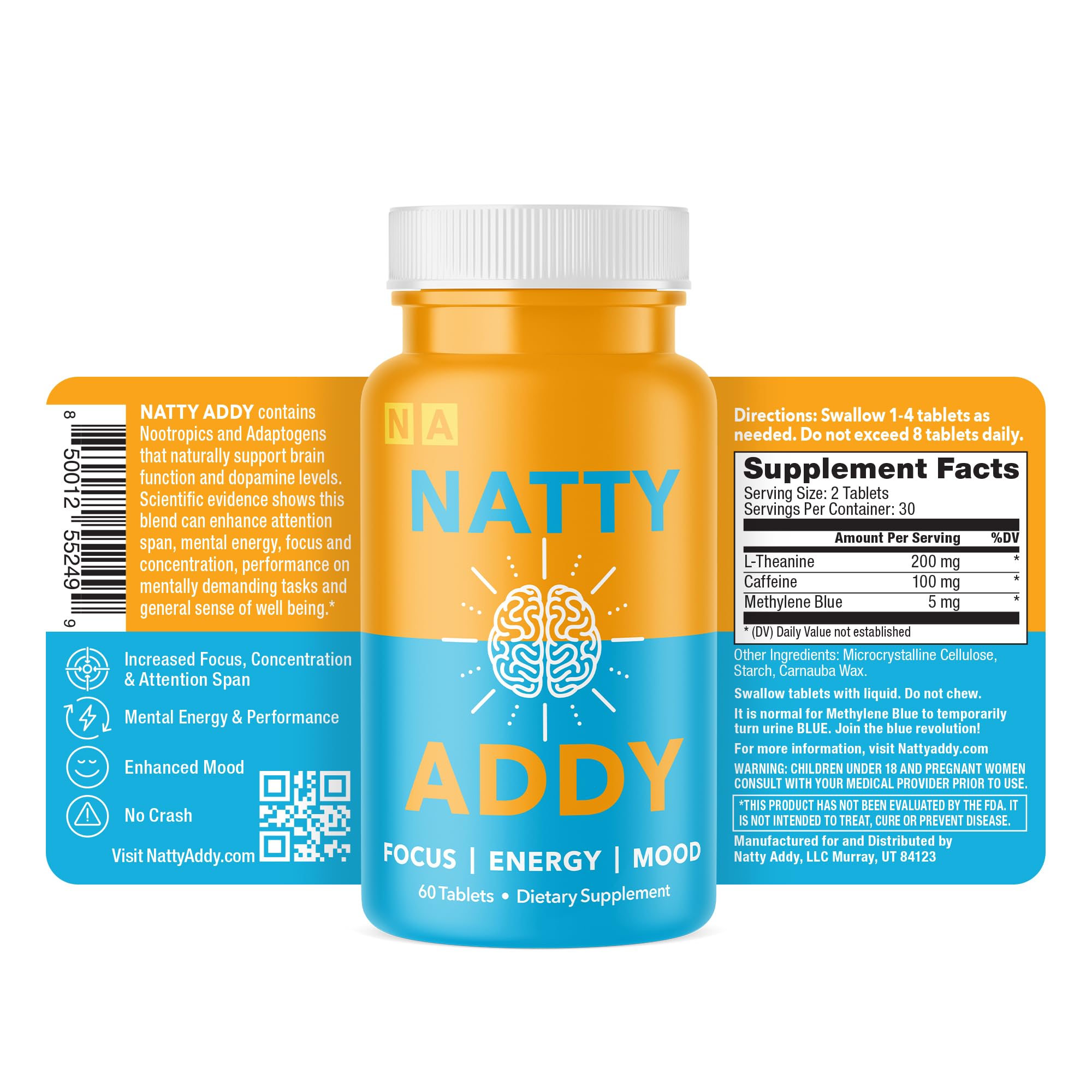 Natty Addy bottle label close-up highlights pharmaceutical-grade ingredients for focus.