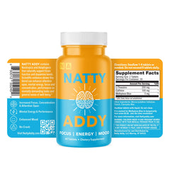 Natty Addy bottle label close-up highlights pharmaceutical-grade ingredients for focus.