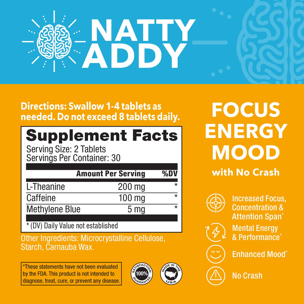 Natty Addy capsules displayed for daytime focus and alertness.