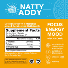 Natty Addy capsules displayed for daytime focus and alertness.