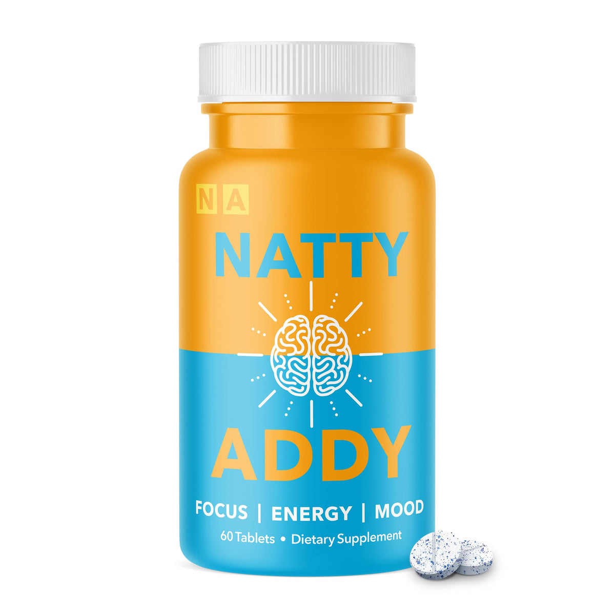 Natty Addy maximum-strength brain-support bottle promotes focused work.
