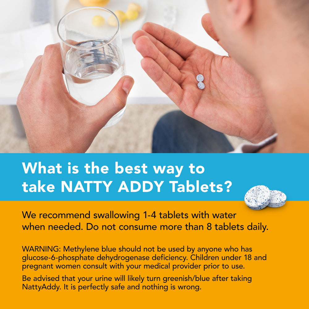Natty Addy bottle on a nightstand signals morning focus.