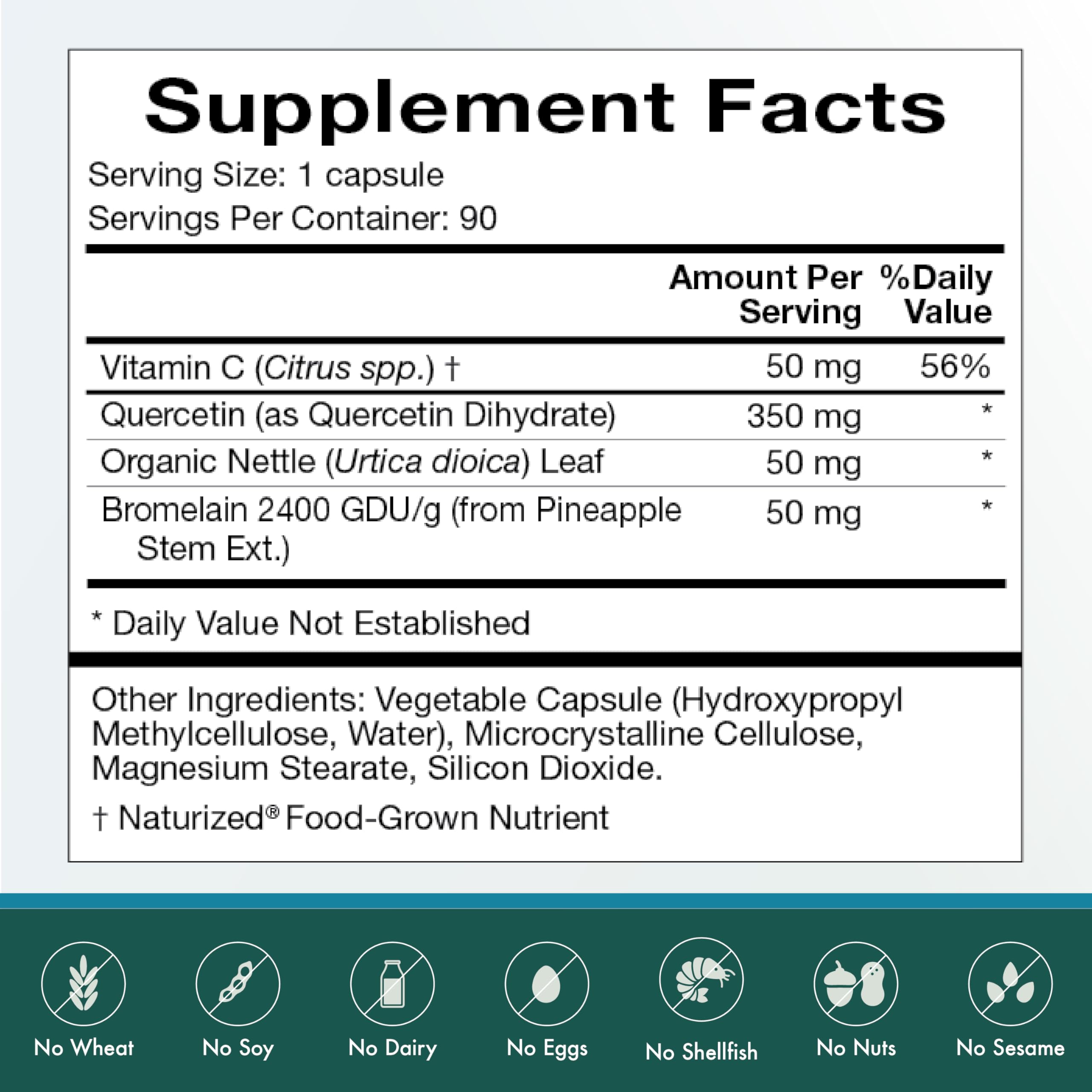 Nutrition facts panel for Natura Health Quercetin Plus 90 capsules