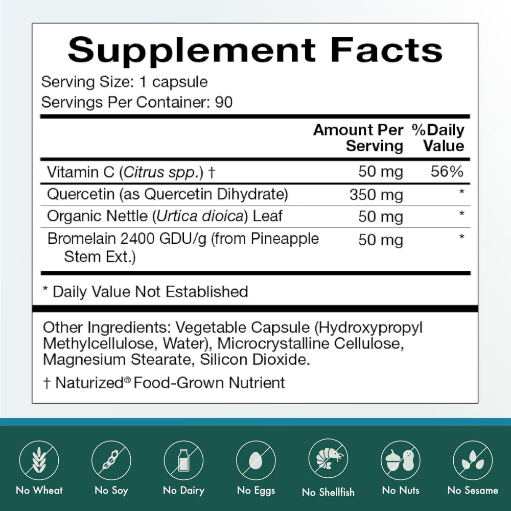 Nutrition facts panel for Natura Health Quercetin Plus 90 capsules