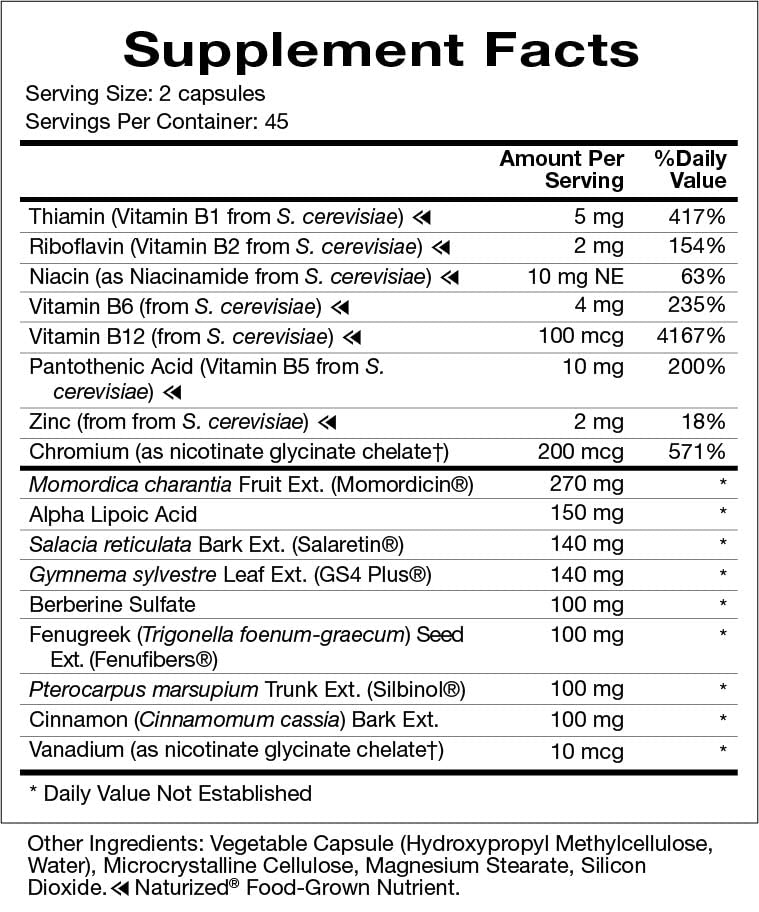 Close-up of ingredients including bitter melon extract, cinnamon bark, chromium and berberine