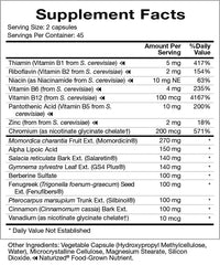 Close-up of ingredients including bitter melon extract, cinnamon bark, chromium and berberine