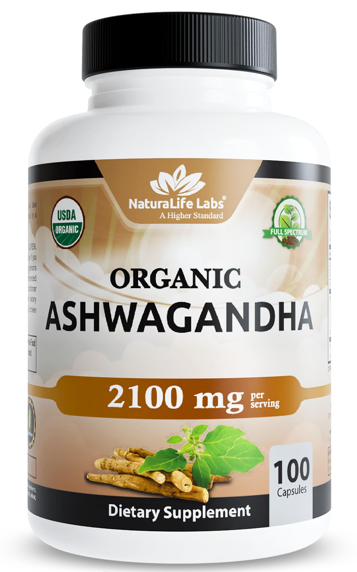 NaturaLife Labs Ashwagandha bottle displaying 2100 mg per serving