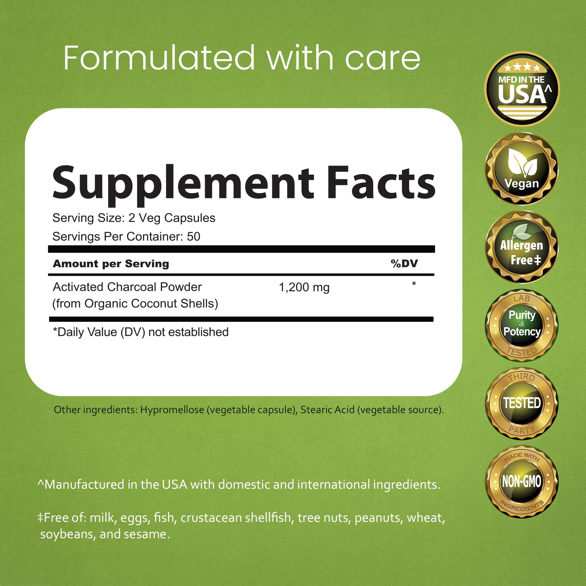 NaturaLife Labs activated charcoal capsules close-up showing vegan, non-GMO formula