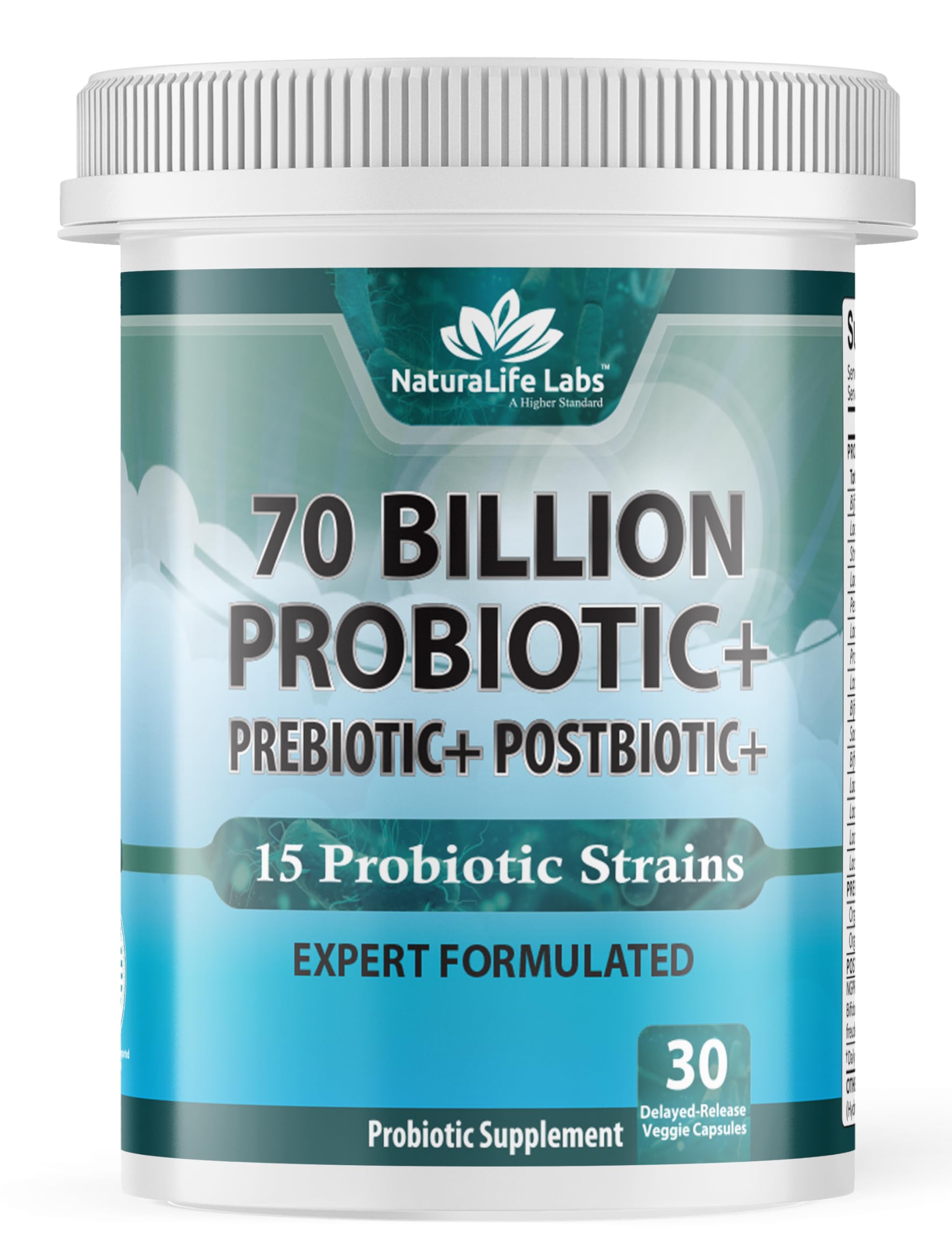 Bottle of NaturaLife Labs Probiotics 70B CFU with 15 strains on label
