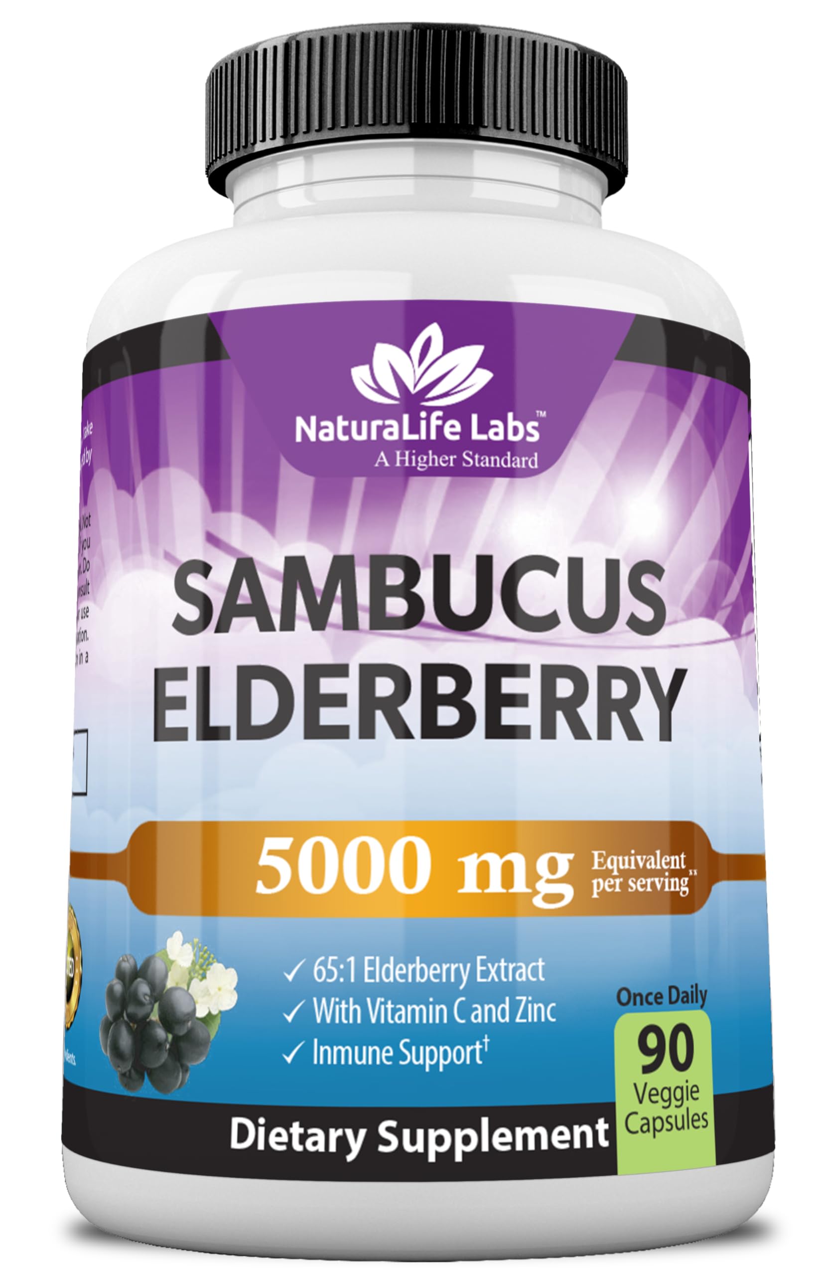 Front label of NaturaLife Sambucus Elderberry 5,000 mg (65:1 extract) with Vitamin C & Zinc