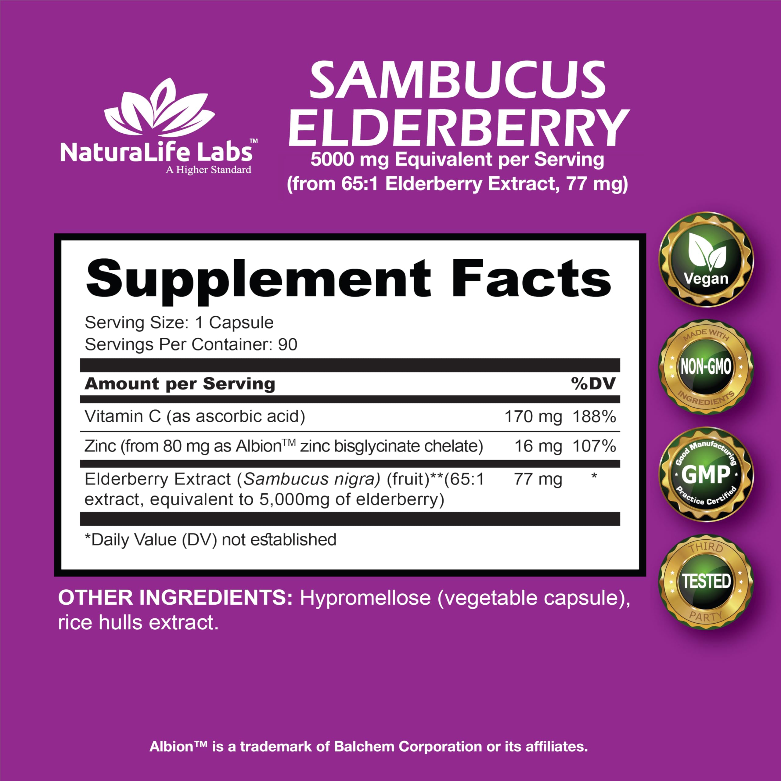Supplement facts panel showing 5,000 mg elderberry extract per serving