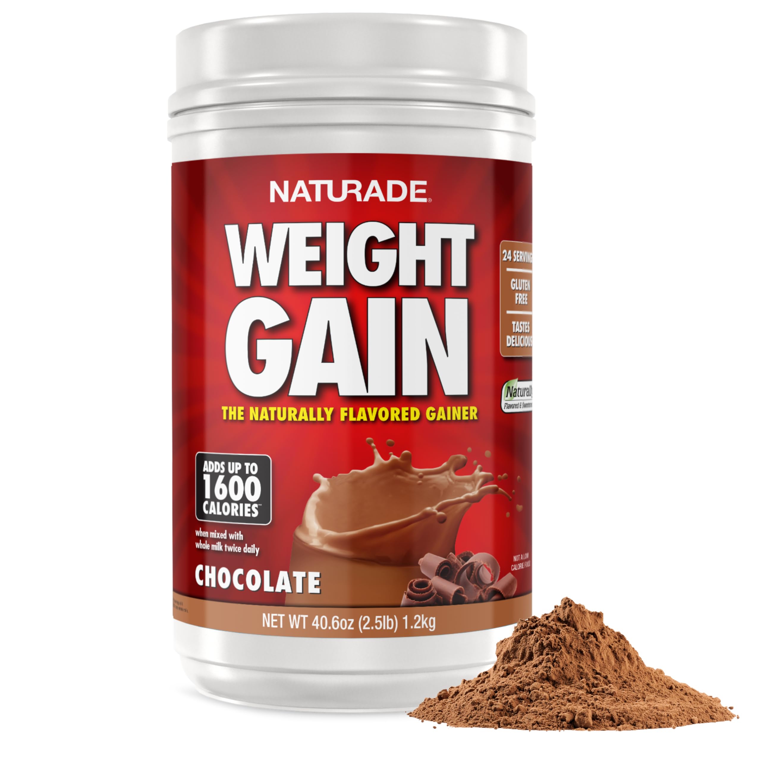 Naturade Weight Gain bottle pour shows creamy chocolate blend for calorie boost.