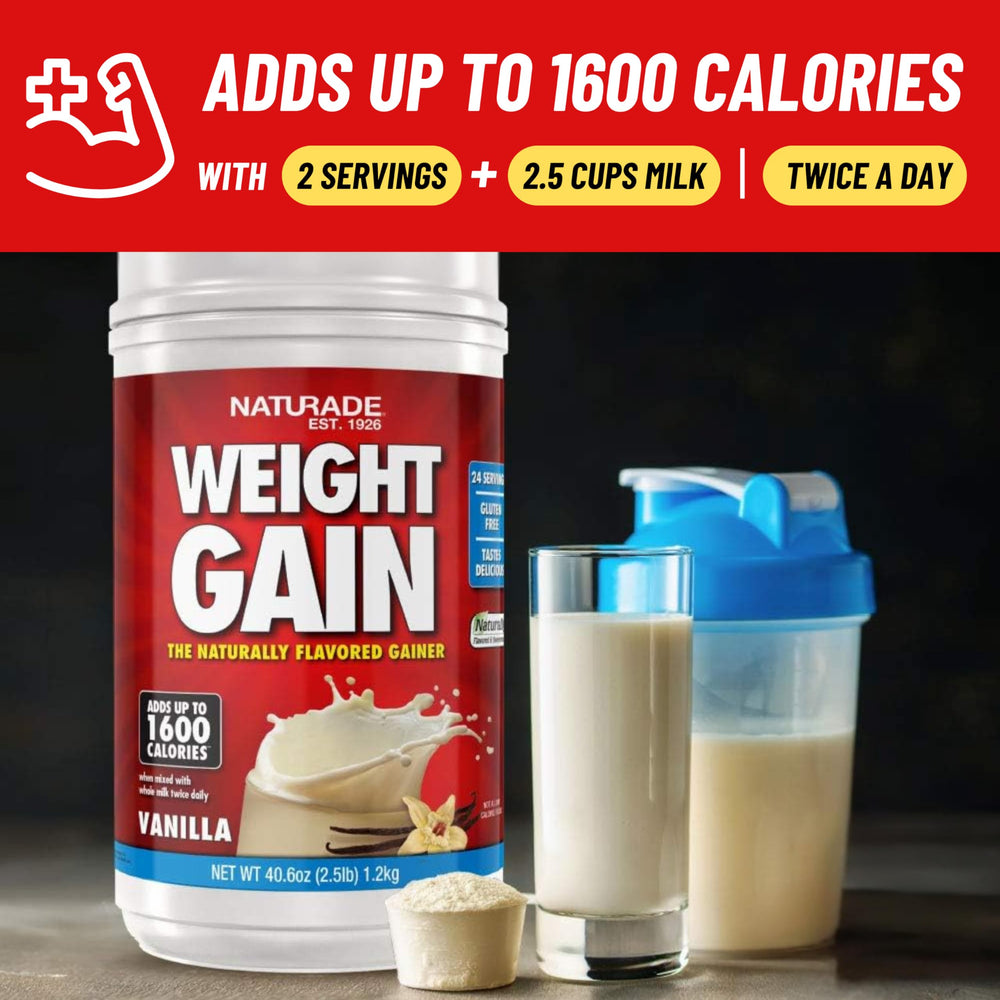 Flat lay of Naturade Vanilla weight gain powder with scoop