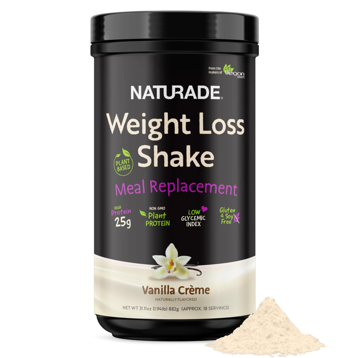 Naturade Weight Loss Shake Vanilla Creme bottle shows plant-based protein for balanced meals on busy mornings.