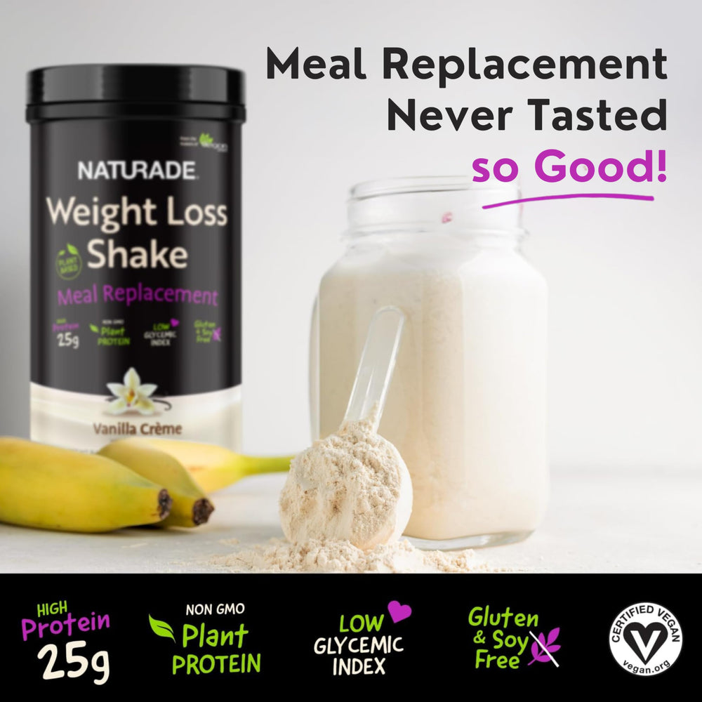 Naturade Weight Loss Shake Vanilla Creme pour image highlights quick meal replacement after workouts.