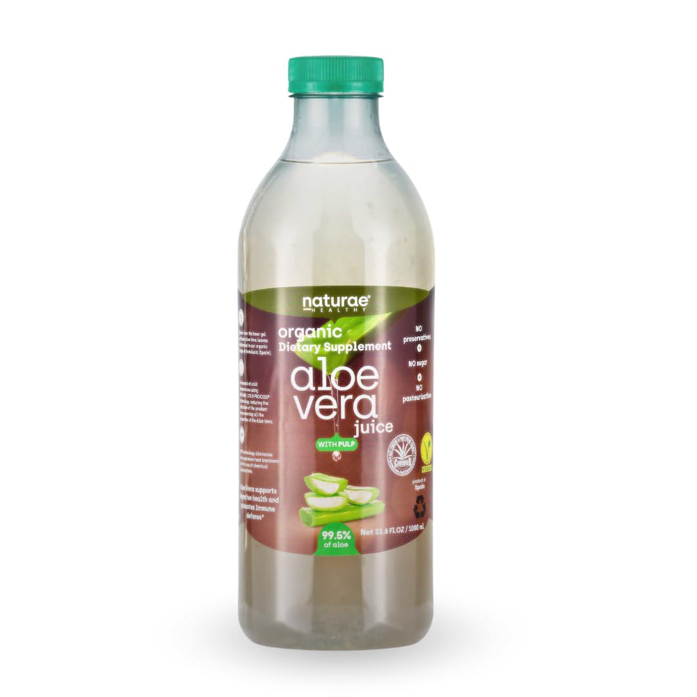 Naturae Organic Aloe Vera Juice with Pulp in a clear bottle, 33.8 fl oz