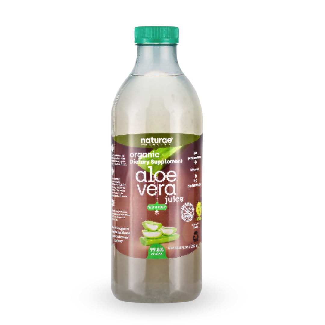Naturae Organic Aloe Vera Juice with Pulp in a clear bottle, 33.8 fl oz