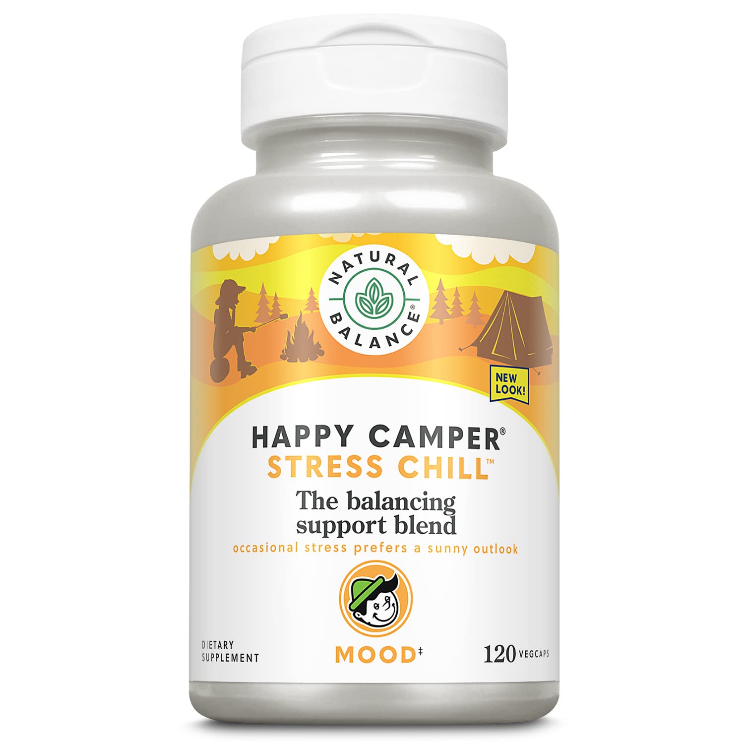 Bottle of Natural Balance Happy Camper Stress Breaker 120 vegetarian capsules with label