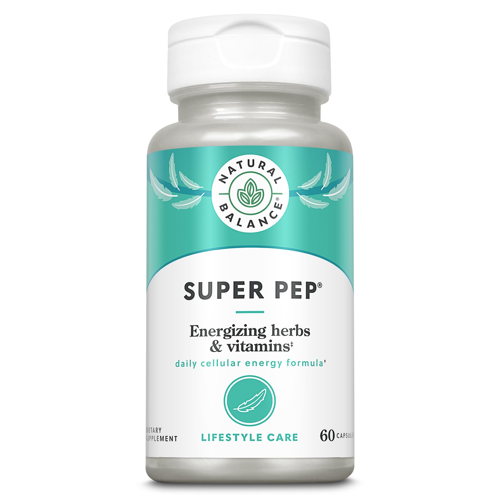 Natural Balance Super Pep bottle on a desk for all-day herbal energy support.