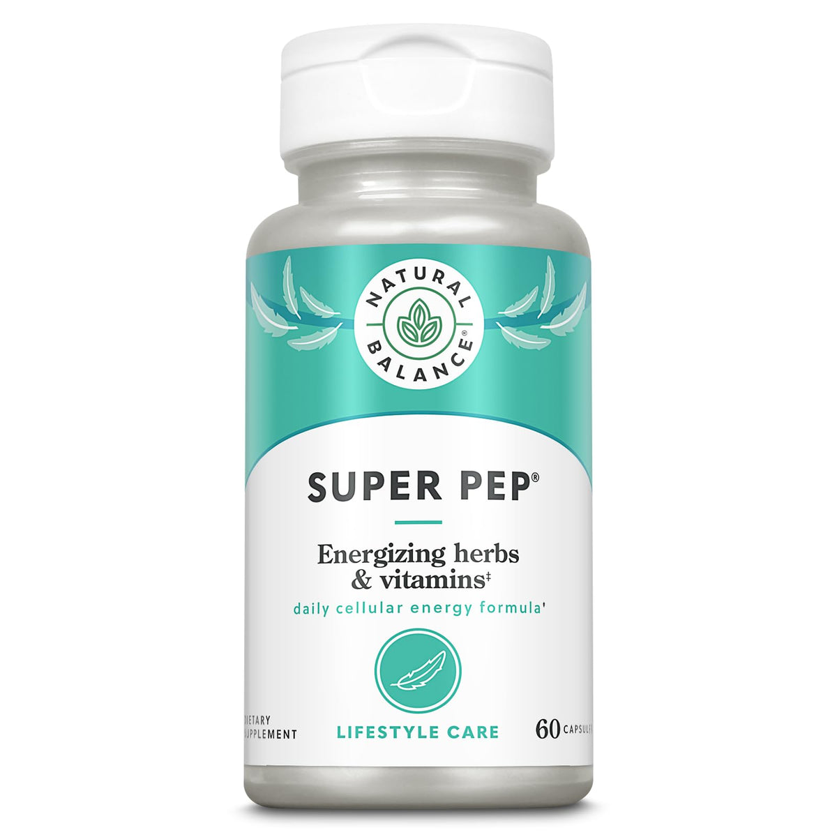 Natural Balance Super Pep bottle on a desk for all-day herbal energy support.