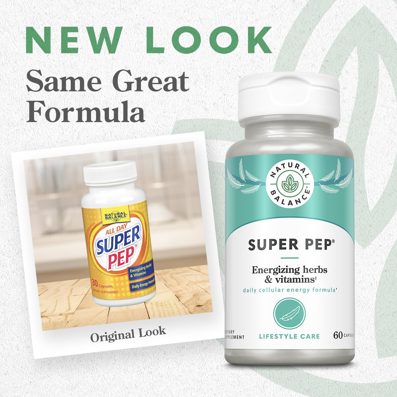 Close-up of Natural Balance Super Pep capsules showing daily vitality use.