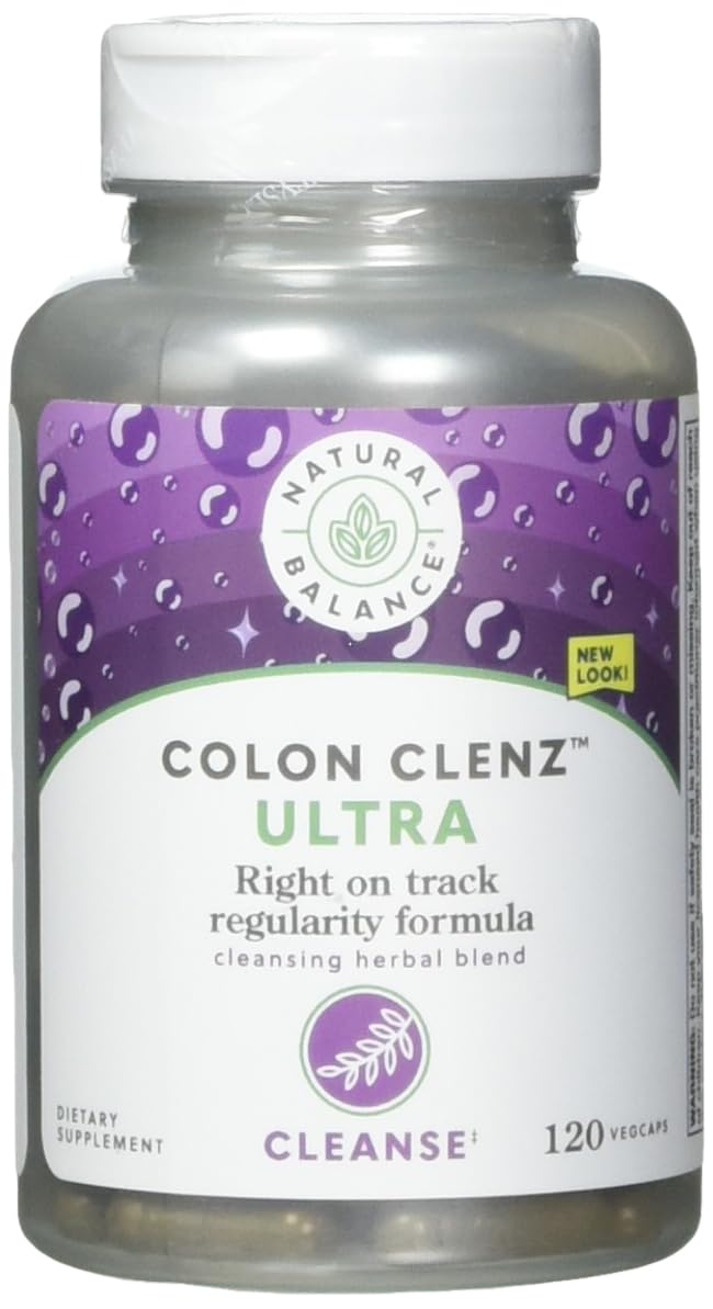 Natural Balance Ultra Colon Clenz bottle close-up showing 120 vegetarian capsules for overnight digestive support.