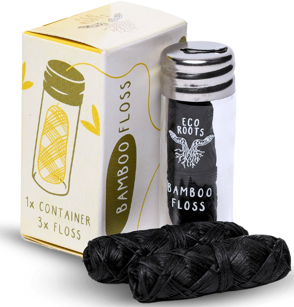 Refillable glass jar of natural bamboo dental floss