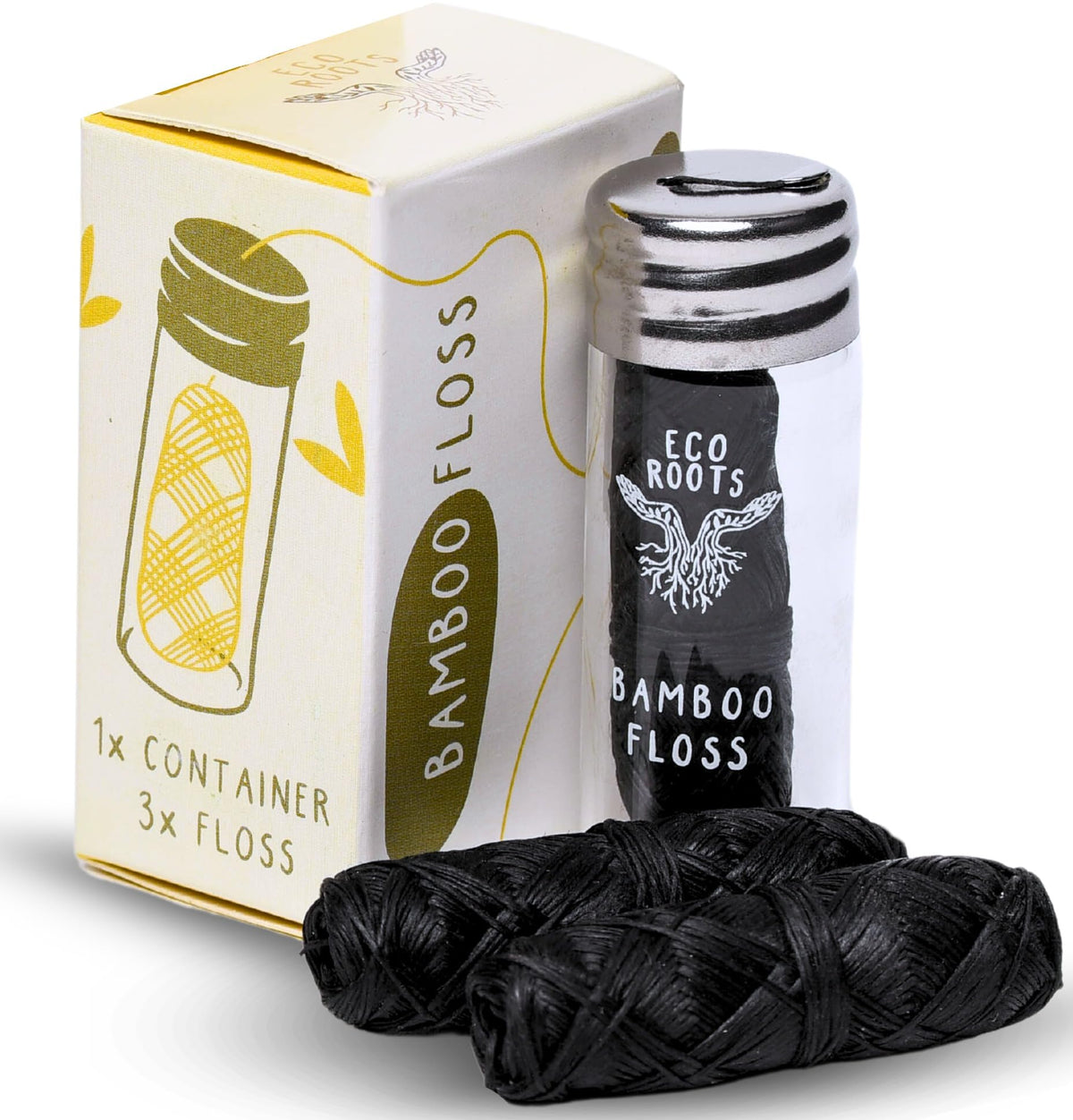 Refillable glass jar of natural bamboo dental floss