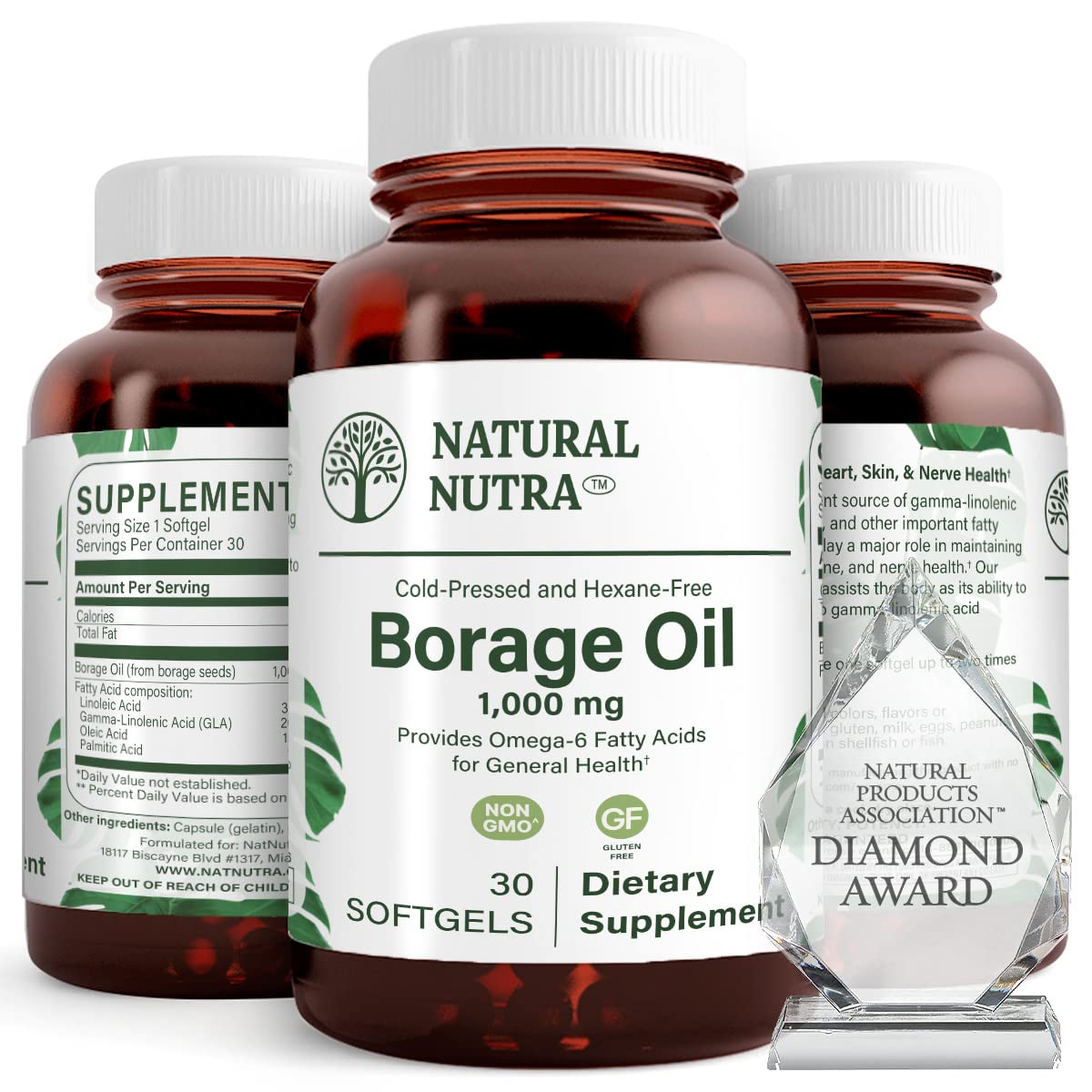 Natural Borage Oil supplement bottle in amber glass with 30 soft gels