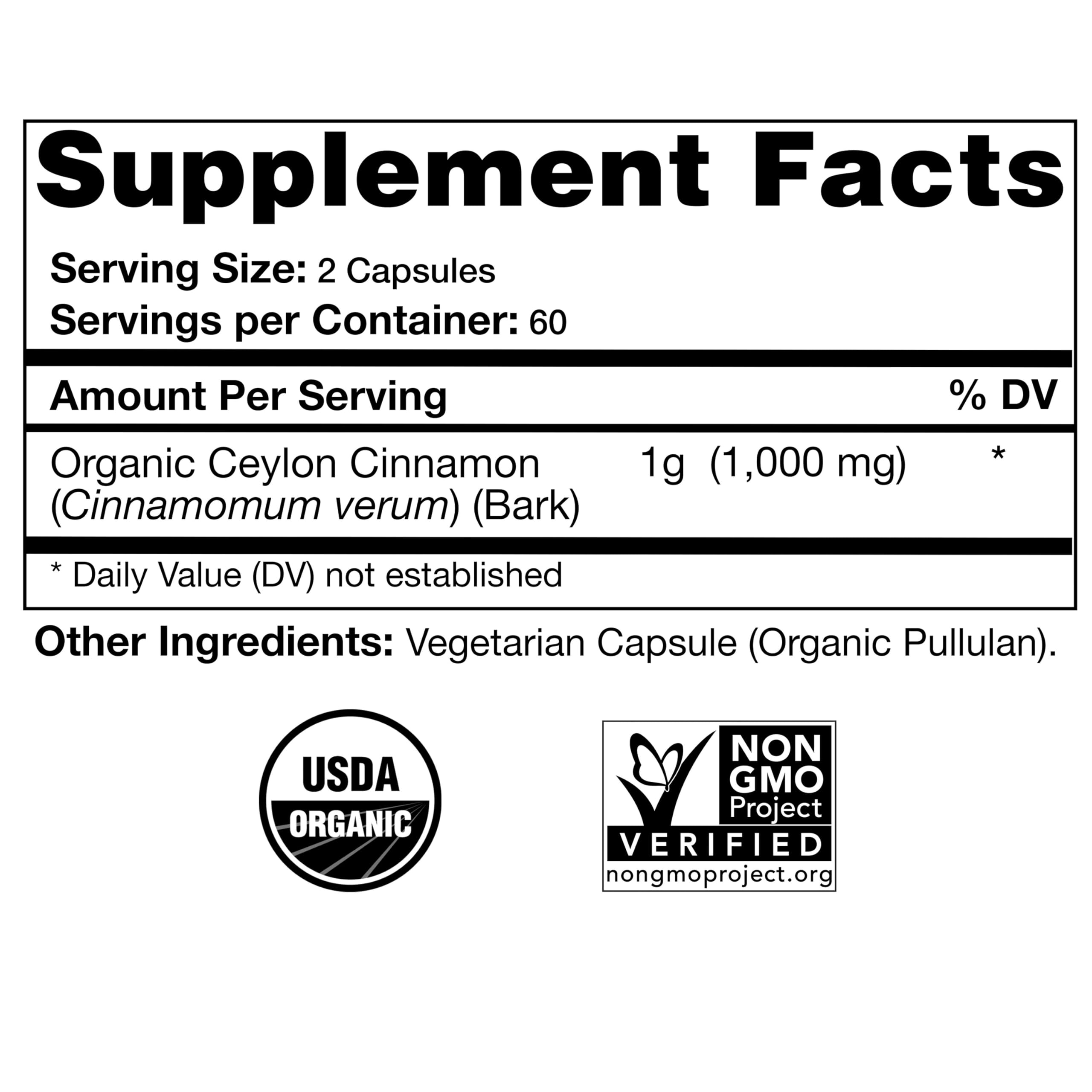 Back of bottle showing supplement facts and USDA Organic seal