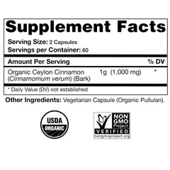 Back of bottle showing supplement facts and USDA Organic seal