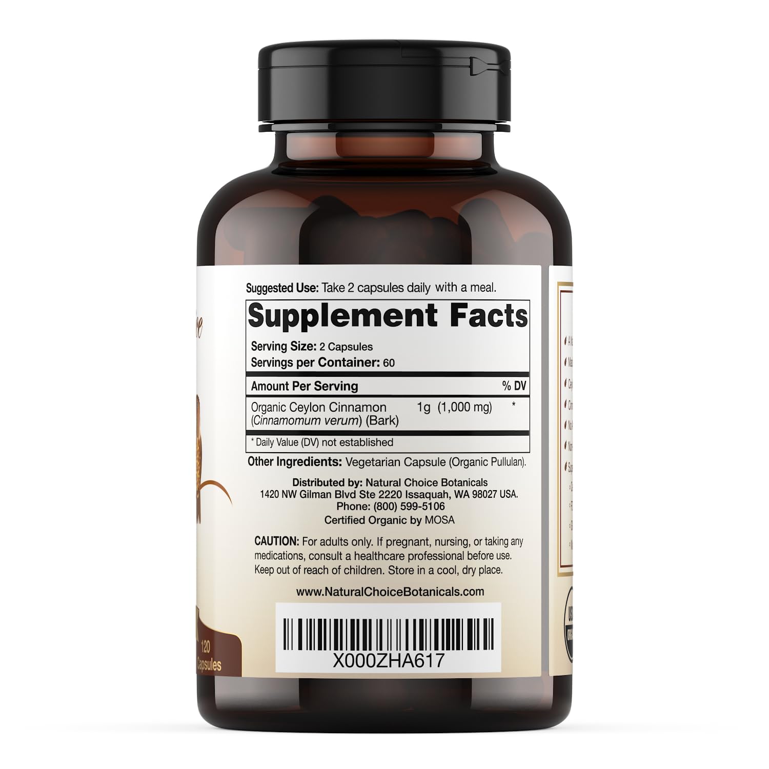 USA-made labeling on Natural Choice Botanicals Ceylon Cinnamon capsules