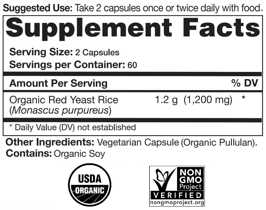 Close up of red yeast rice capsules showing 600 mg per capsule