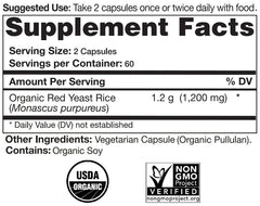 Close up of red yeast rice capsules showing 600 mg per capsule