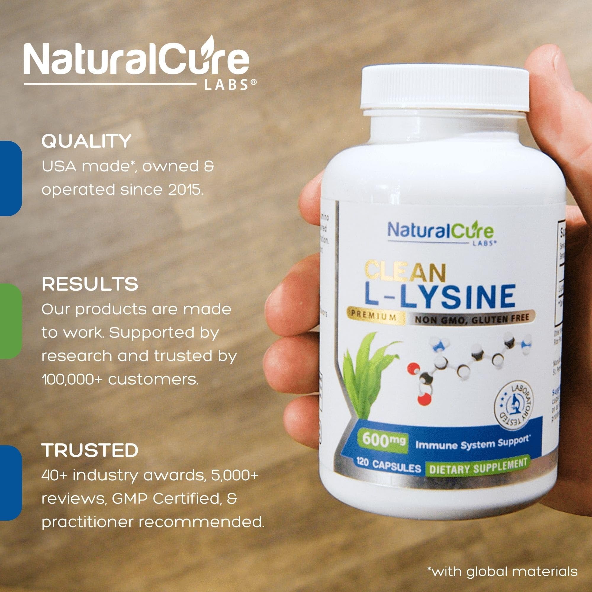 Label showing 600mg L-Lysine per capsule