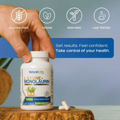 1:1 ratio graphic illustrating 600mg L-Lysine and 600mg Monolaurin