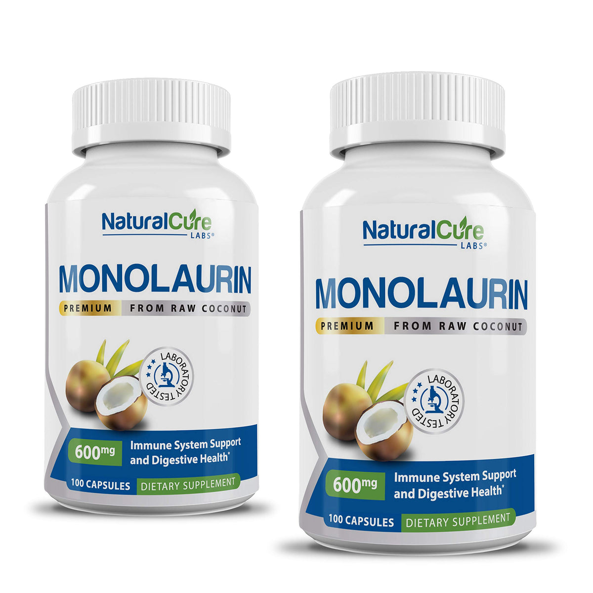 Bottle of Natural Cure Labs Monolaurin 600mg 2-pack with 200 capsules