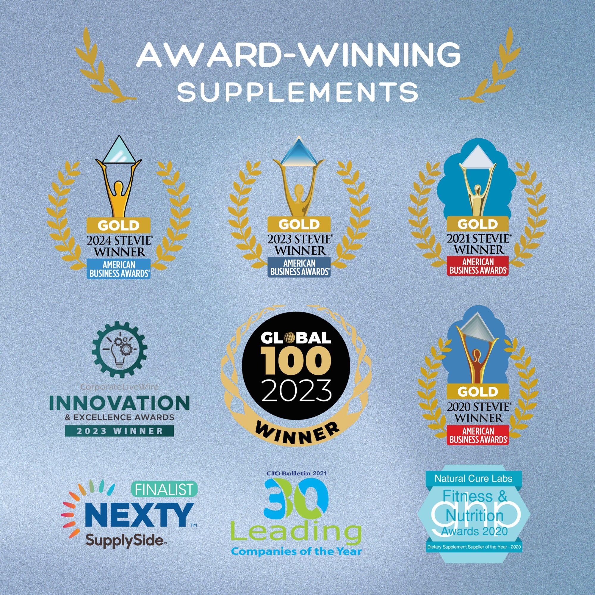 Awards logos on packaging indicating award-winning supplements
