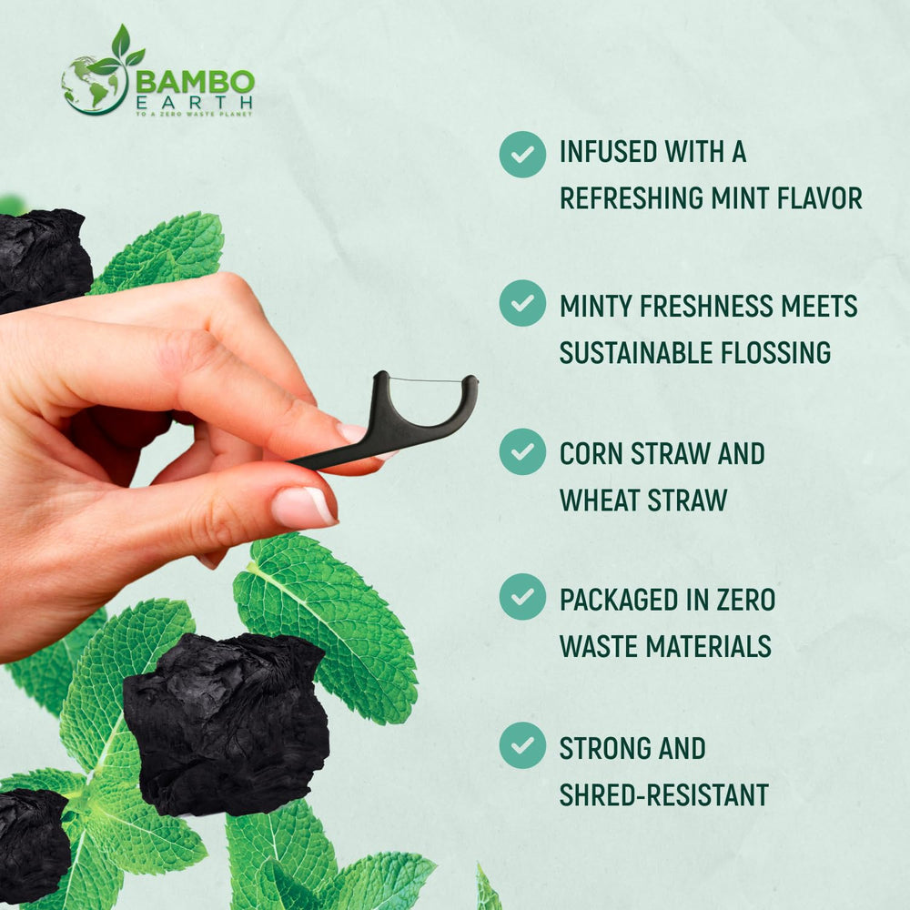 Close-up of bamboo charcoal-flavored floss in a floss pick