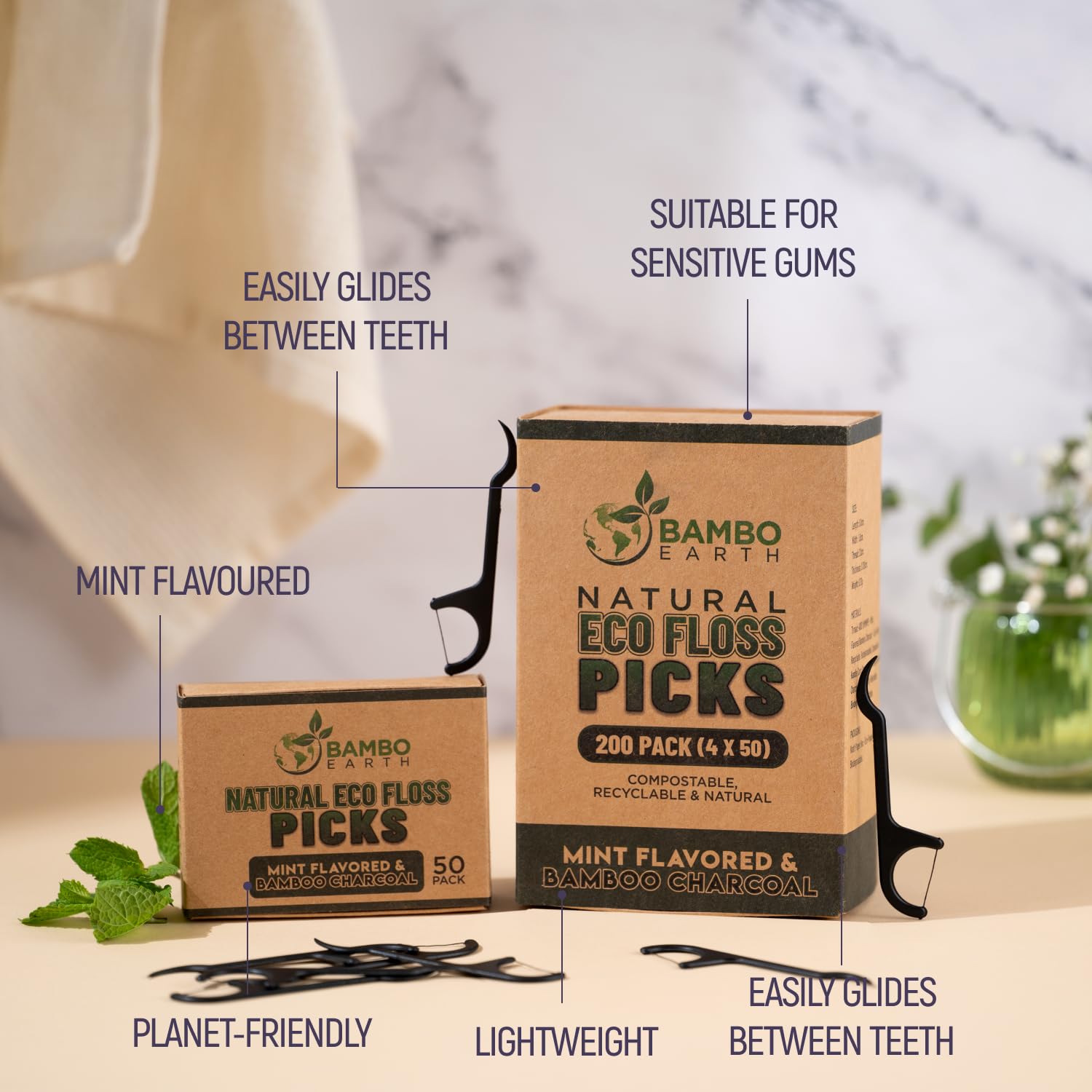 Eco-friendly bamboo charcoal floss picks set