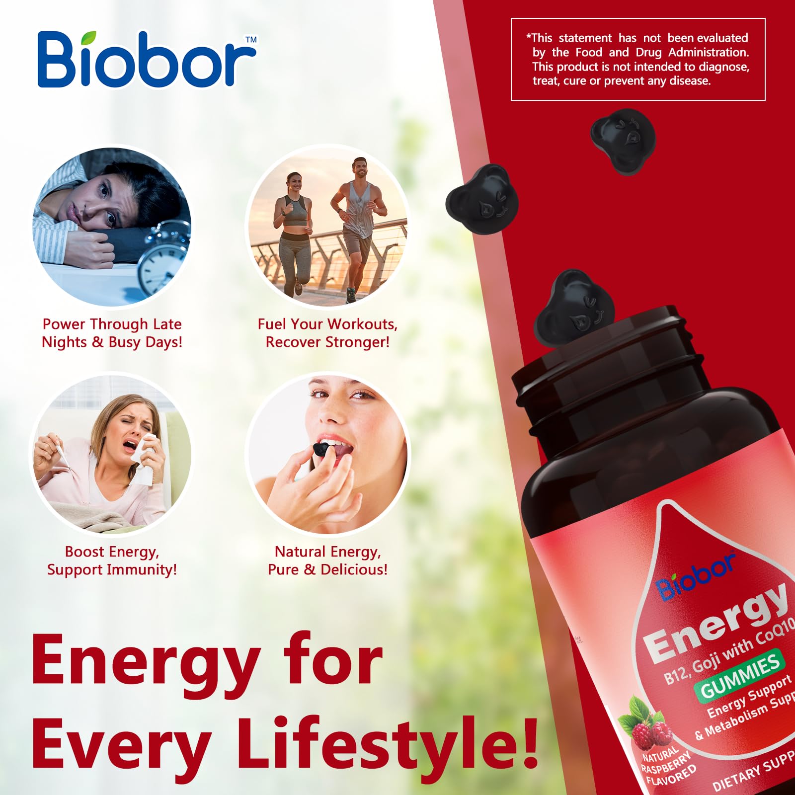 Pile of Raspberry energy gummies in a clear dish