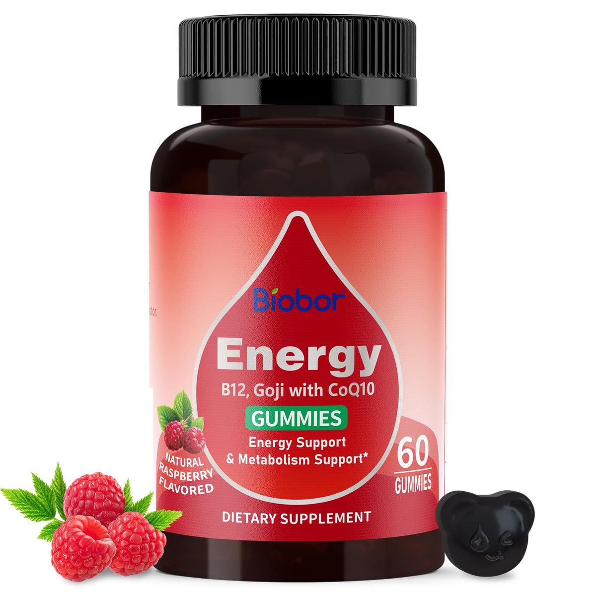 Front bottle of Natural Energy Gummies Raspberry 60 count