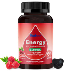 Front bottle of Natural Energy Gummies Raspberry 60 count