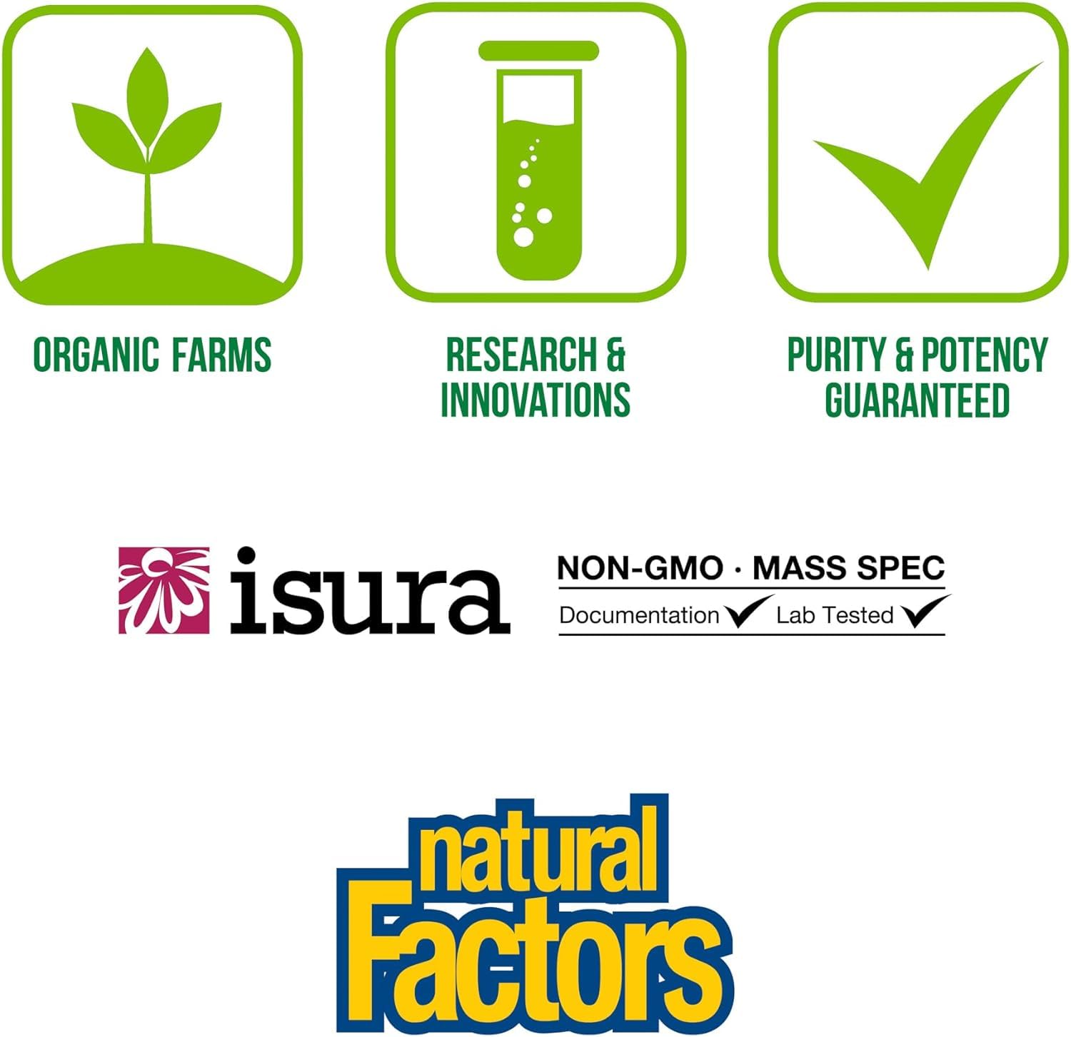 Certification icons for non-GMO and third-party testing