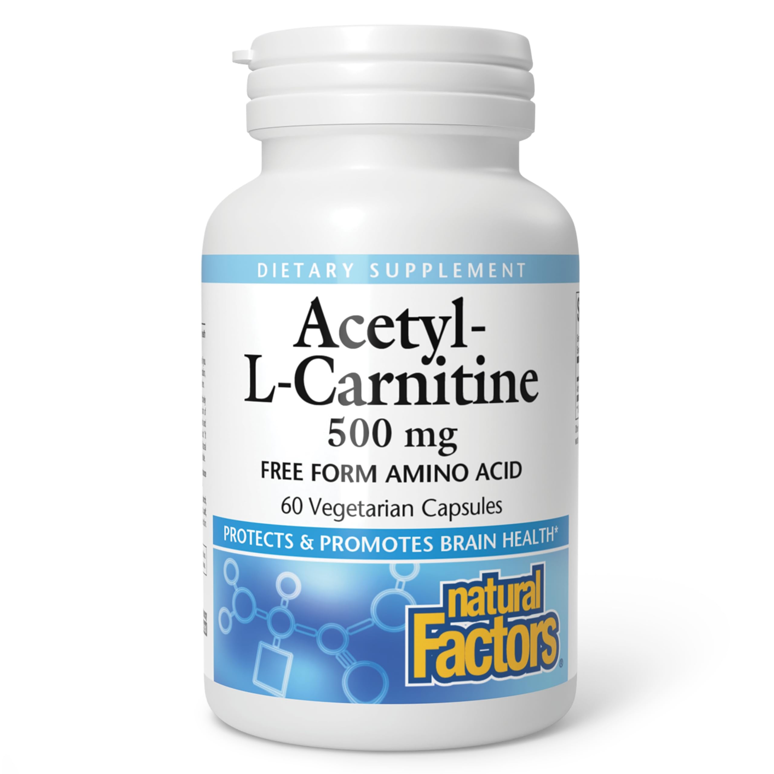 Front view of Natural Factors Acetyl L-Carnitine 500 mg bottle, 60 vegetarian capsules